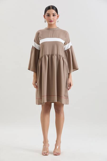 House Of Behram_Beige Modal High Neck Striped Dress _Online_at_Aza_Fashions