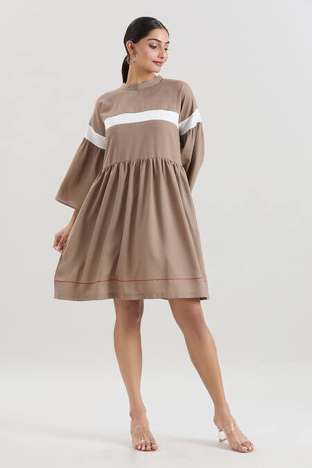 Buy_House Of Behram_Beige Modal High Neck Striped Dress _Online_at_Aza_Fashions