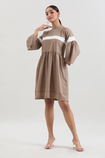 Shop_House Of Behram_Beige Modal High Neck Striped Dress _Online_at_Aza_Fashions