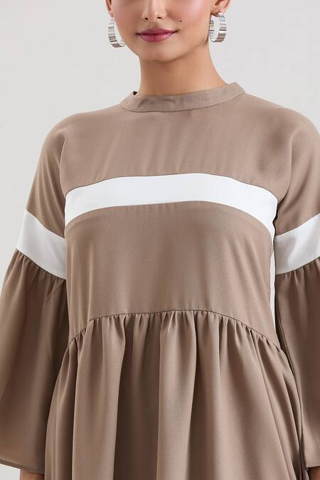 House Of Behram_Beige Modal High Neck Striped Dress _at_Aza_Fashions