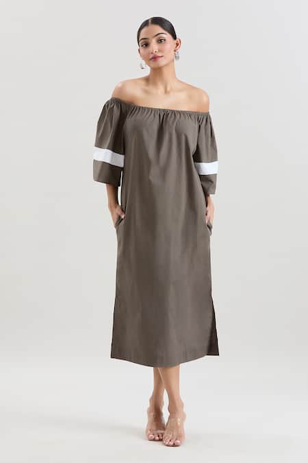 Buy_House Of Behram_Green Cotton, Poplin Off-shoulder Off Midi Dress _Online_at_Aza_Fashions