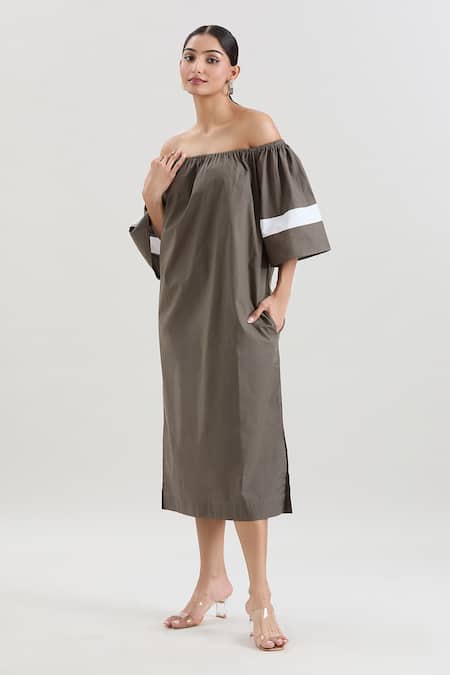 Shop_House Of Behram_Green Cotton, Poplin Off-shoulder Off Midi Dress _Online_at_Aza_Fashions