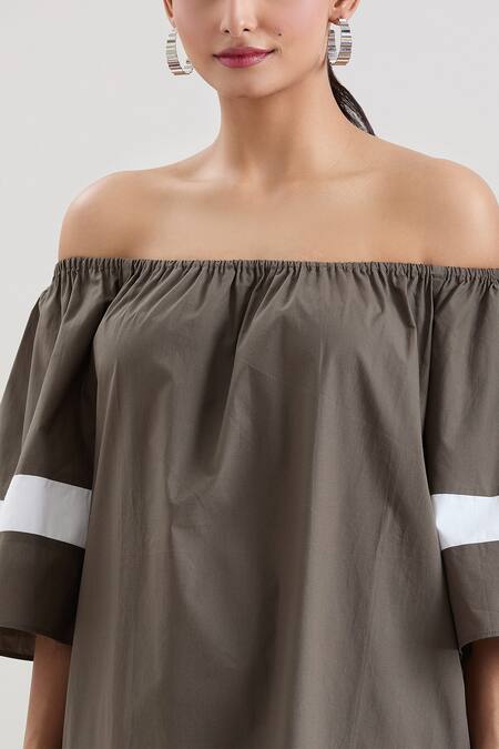 House Of Behram_Green Cotton, Poplin Off-shoulder Off Midi Dress _at_Aza_Fashions