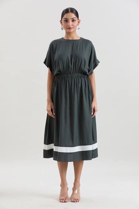 House Of Behram_Grey Viscose, Silk Round Neck Elasticated Waist Dress _Online_at_Aza_Fashions