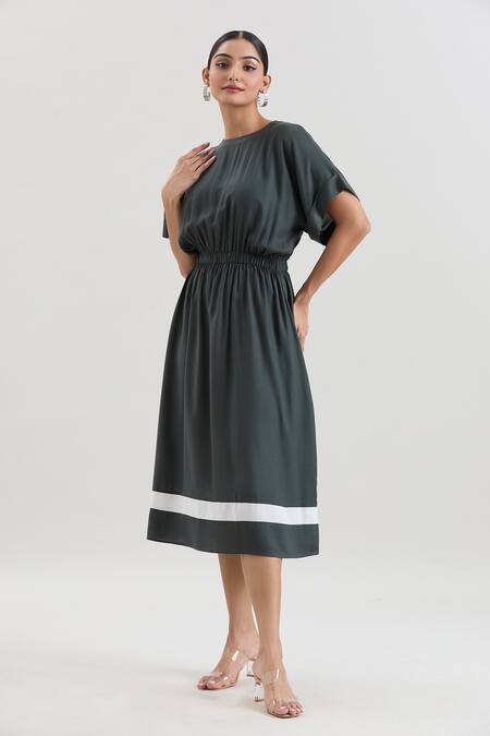 Buy_House Of Behram_Grey Viscose, Silk Round Neck Elasticated Waist Dress _Online_at_Aza_Fashions