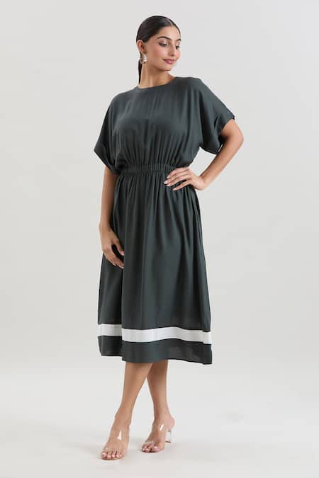 Shop_House Of Behram_Grey Viscose, Silk Round Neck Elasticated Waist Dress _Online_at_Aza_Fashions