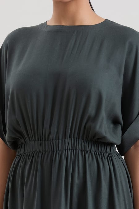 House Of Behram_Grey Viscose, Silk Round Neck Elasticated Waist Dress _at_Aza_Fashions