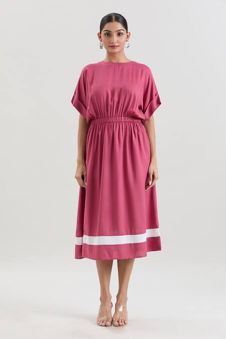 House Of Behram_Pink Viscose, Silk Round Neck Elasticated Waist Striped Hem Dress _Online_at_Aza_Fashions