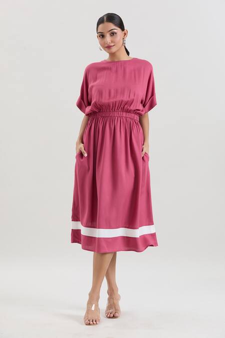Buy_House Of Behram_Pink Viscose, Silk Round Neck Elasticated Waist Striped Hem Dress _Online_at_Aza_Fashions