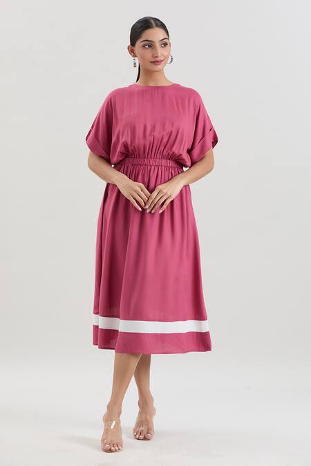 Shop_House Of Behram_Pink Viscose, Silk Round Neck Elasticated Waist Striped Hem Dress _Online_at_Aza_Fashions