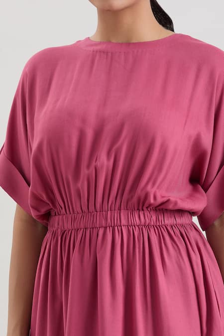 House Of Behram_Pink Viscose, Silk Round Neck Elasticated Waist Striped Hem Dress _at_Aza_Fashions