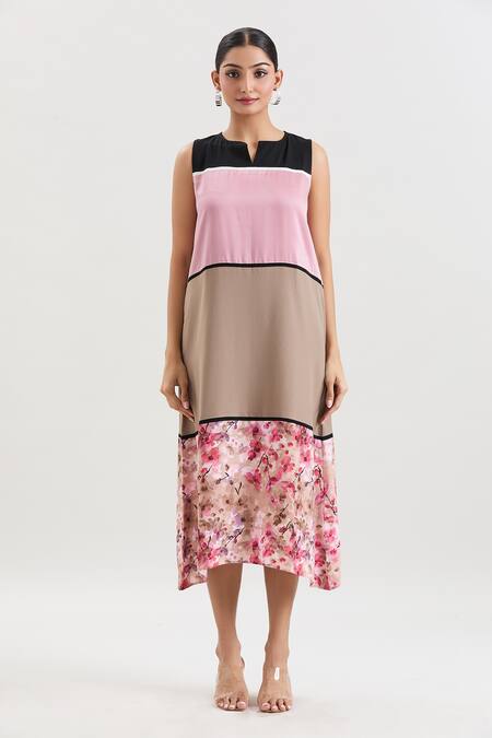 House Of Behram_Pink Modal Keyhole Neck Color Blocked Printed Hem Dress _Online_at_Aza_Fashions