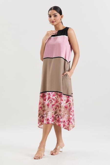 Shop_House Of Behram_Pink Modal Keyhole Neck Color Blocked Printed Hem Dress _Online_at_Aza_Fashions