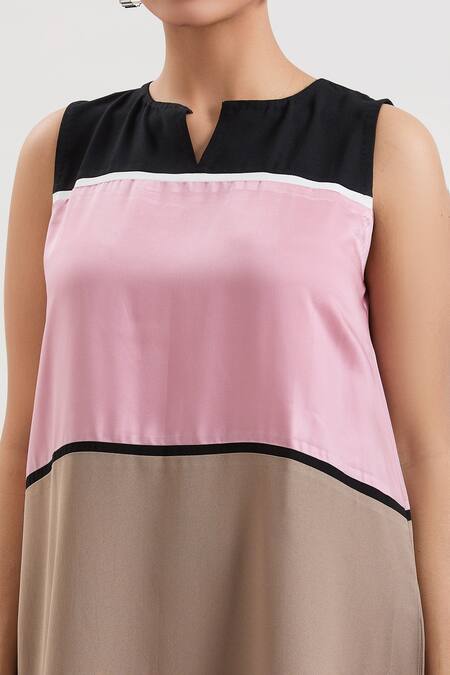 House Of Behram_Pink Modal Keyhole Neck Color Blocked Printed Hem Dress _at_Aza_Fashions