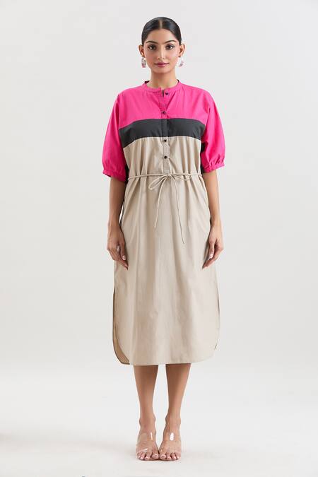 House Of Behram_Beige Cotton, Poplin Mandarin Collar Color Blocked Midi Dress _Online_at_Aza_Fashions