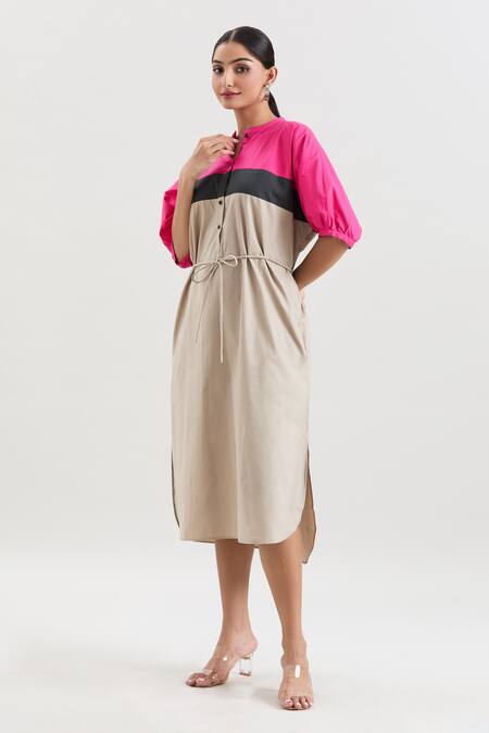 Buy_House Of Behram_Beige Cotton, Poplin Mandarin Collar Color Blocked Midi Dress _Online_at_Aza_Fashions