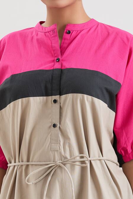 Shop_House Of Behram_Beige Cotton, Poplin Mandarin Collar Color Blocked Midi Dress _Online_at_Aza_Fashions