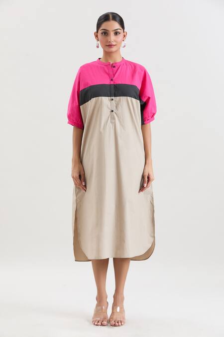 House Of Behram_Beige Cotton, Poplin Mandarin Collar Color Blocked Midi Dress _at_Aza_Fashions