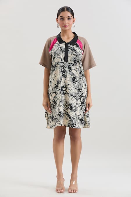 House Of Behram_Beige Crepe Collared Floral Print Dress _Online_at_Aza_Fashions