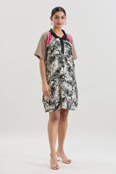 Buy_House Of Behram_Beige Crepe Collared Floral Print Dress _Online_at_Aza_Fashions