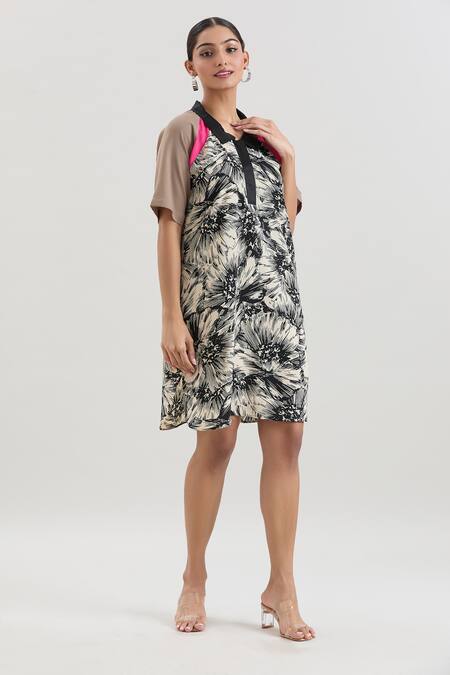 Shop_House Of Behram_Beige Crepe Collared Floral Print Dress _Online_at_Aza_Fashions