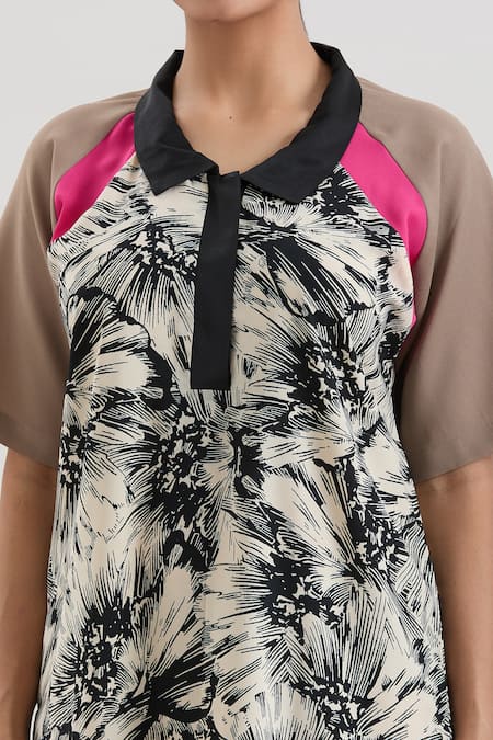 House Of Behram_Beige Crepe Collared Floral Print Dress _at_Aza_Fashions