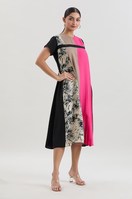 House of Behram Pink Crepe Printed Floral Round Pleated Panel Midi Dress 