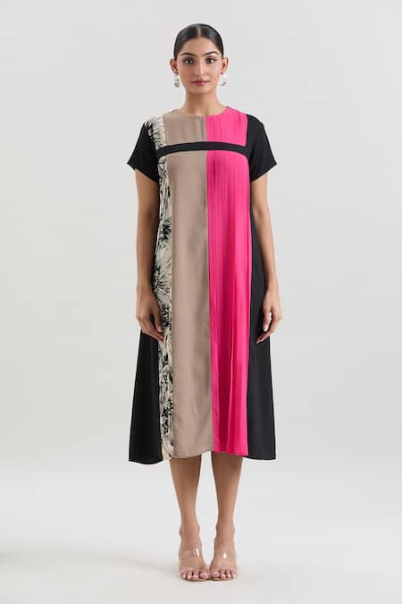 House Of Behram_Pink Crepe Embroidery Round Neck Pleated Panel Midi Dress _Online_at_Aza_Fashions