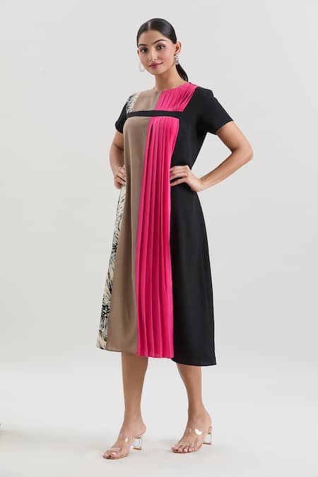 Buy_House Of Behram_Pink Crepe Embroidery Round Neck Pleated Panel Midi Dress _Online_at_Aza_Fashions
