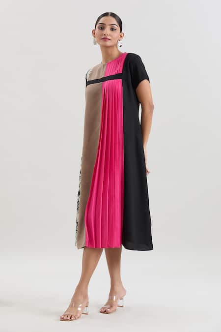 Shop_House Of Behram_Pink Crepe Embroidery Round Neck Pleated Panel Midi Dress _Online_at_Aza_Fashions