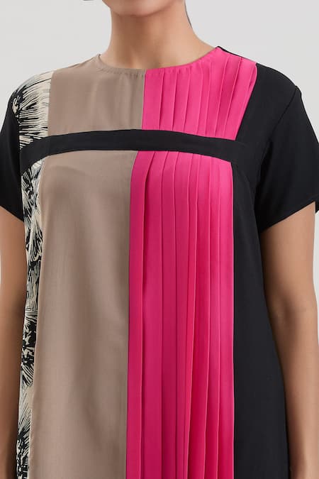 House Of Behram_Pink Crepe Embroidery Round Neck Pleated Panel Midi Dress _at_Aza_Fashions