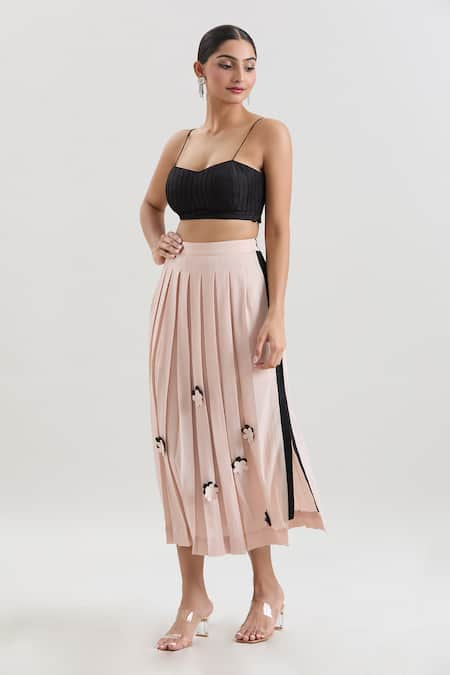 House of Behram Floral Applique Pleated Midi Skirt 