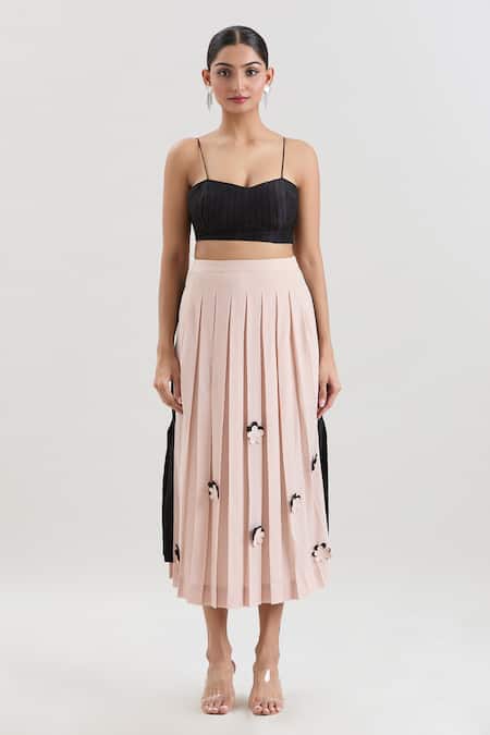 House Of Behram_Pink Crepe Fabric Flowers Floral Applique Pleated Midi Skirt _Online_at_Aza_Fashions