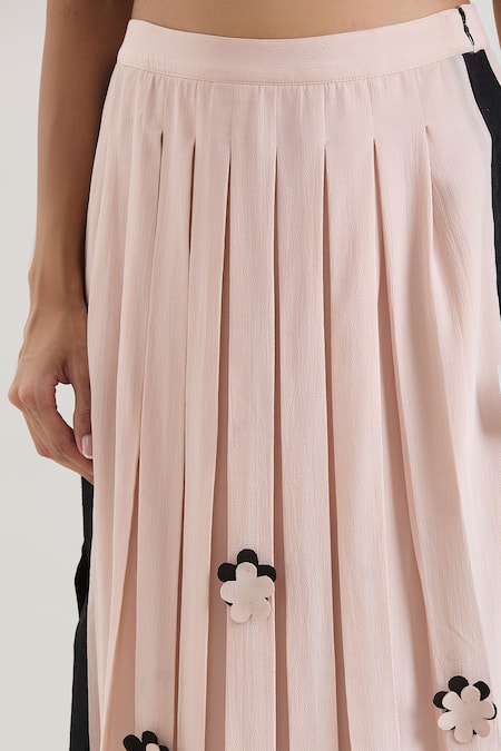 Shop_House Of Behram_Pink Crepe Fabric Flowers Floral Applique Pleated Midi Skirt _Online_at_Aza_Fashions