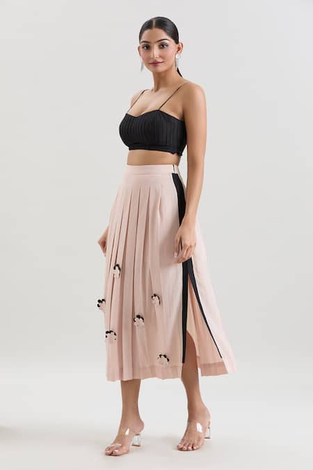House Of Behram_Pink Crepe Fabric Flowers Floral Applique Pleated Midi Skirt _at_Aza_Fashions