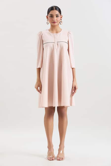 House Of Behram_Pink Crepe Round Neck Textured Flared Dress _Online_at_Aza_Fashions