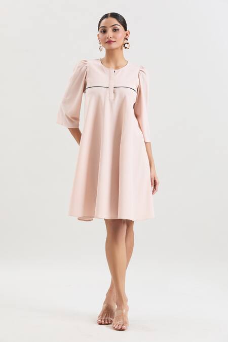 Buy_House Of Behram_Pink Crepe Round Neck Textured Flared Dress _Online_at_Aza_Fashions
