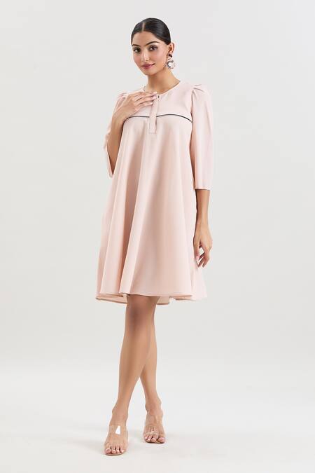 Shop_House Of Behram_Pink Crepe Round Neck Textured Flared Dress _Online_at_Aza_Fashions