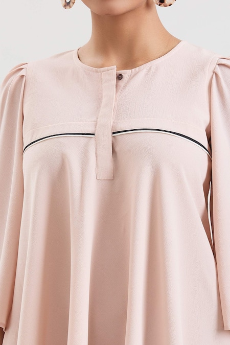 House Of Behram_Pink Crepe Round Neck Textured Flared Dress _at_Aza_Fashions