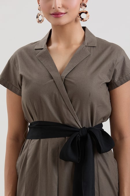 Shop_House Of Behram_Green Cotton Collared Box Pleat Dress With Belt _Online_at_Aza_Fashions