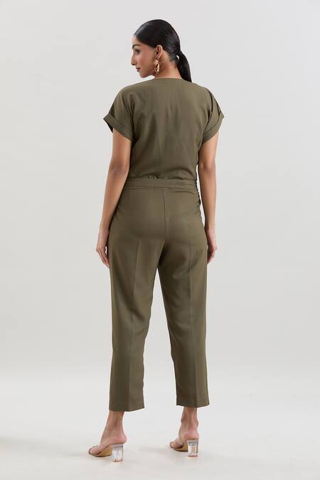 House Of Behram Moss Crepe Jumpsuit With Belt 