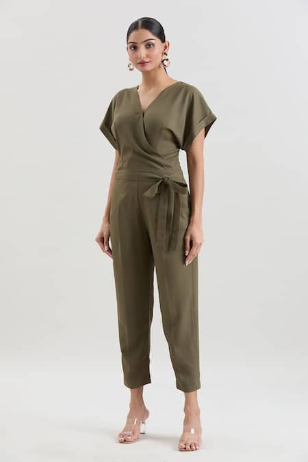 House Of Behram_Green Microfiber V-neck Moss Crepe Jumpsuit With Belt _Online_at_Aza_Fashions