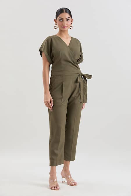 Buy_House Of Behram_Green Microfiber V-neck Moss Crepe Jumpsuit With Belt _Online_at_Aza_Fashions