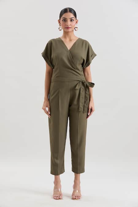 House Of Behram_Green Microfiber V-neck Moss Crepe Jumpsuit With Belt _at_Aza_Fashions