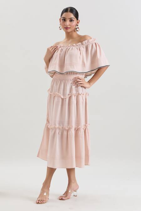 House Of Behram_Pink Crepe Ruffles Off-shoulder Off Midi Dress _Online_at_Aza_Fashions