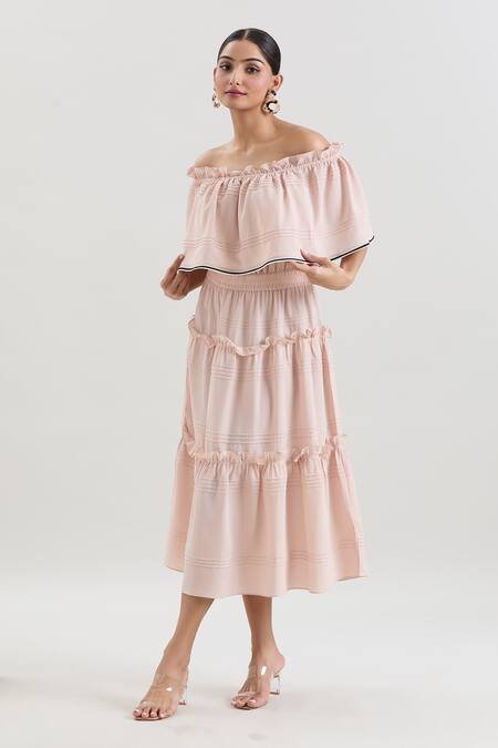 Buy_House Of Behram_Pink Crepe Ruffles Off-shoulder Off Midi Dress _Online_at_Aza_Fashions