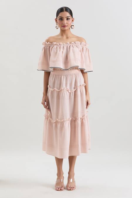 House Of Behram_Pink Crepe Ruffles Off-shoulder Off Midi Dress _at_Aza_Fashions
