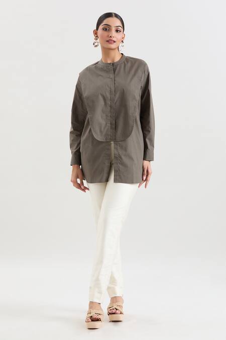 House Of Behram Green Cotton, Poplin Mandarin Collar Front Slit Shirt Online at Aza Fashions House Of Behram_Green Cotton, Poplin Mandarin Collar Front Slit Shirt_Online_at_Aza_Fashions