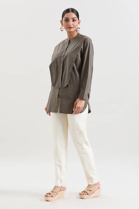 Buy House Of Behram Green Cotton, Poplin Mandarin Collar Front Slit Shirt Online at Aza Fashions Buy_House Of Behram_Green Cotton, Poplin Mandarin Collar Front Slit Shirt_Online_at_Aza_Fashions