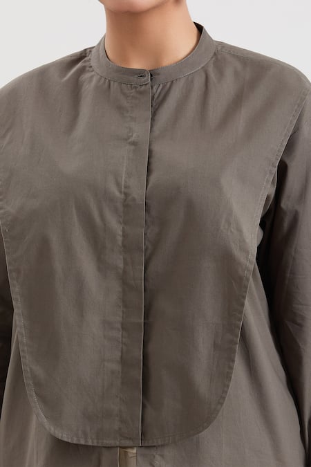 Shop House Of Behram Green Cotton, Poplin Mandarin Collar Front Slit Shirt Online at Aza Fashions Shop_House Of Behram_Green Cotton, Poplin Mandarin Collar Front Slit Shirt_Online_at_Aza_Fashions